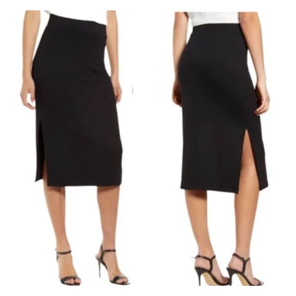 NWT Nordstrom Chelsea 28 Black Soft Ribbed Sweater Knit Side Slit Midi Skirt Med